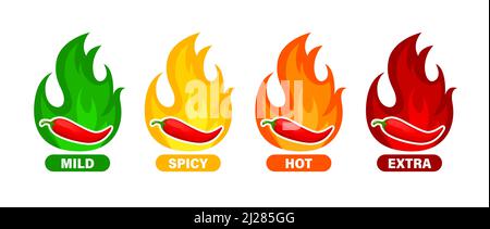 Etiketten mit scharfem Geschmack. Vektor-Etiketten mit Paprika-Chili, Cayenne oder Jalapeno mit Feuerflammen in roten, grünen, orangen und gelben Farben. Extra, würzige, heiße und milde Stärke herzhafte Speisen isoliert Symbole Stock Vektor
