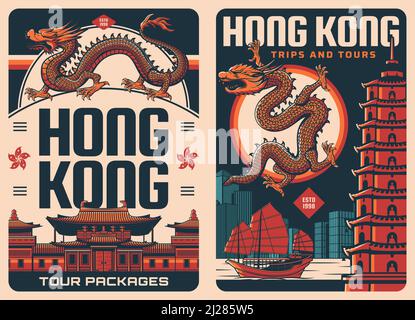 Hongkong Reise Vintage Poster. Asiatische Touren, Hong Kong Attraktionen Reise Retro-Poster mit Hong Kong Wappen und Drachen, Chi Lin Kloster, Pagodenturm und Trödelboot, Stadt Wolkenkratzer Stock Vektor