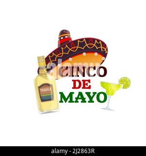 Cinco de Mayo Mexikanischer Urlaub mit Tequila und Sombrero. Cartoon Vektor Flasche Tequila, Glas margarita Cocktail mit Limette und Mexiko Fiesta Party Mariachi-Hut, Puebla Battle Jubiläumsfeier Stock Vektor