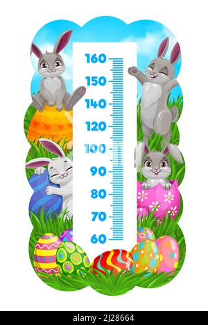 Kinder-Höhendiagramm, Osterhasen mit Eiern Wachstumsmaß. Vektor Wand Aufkleber Meter für Kinder Höhenmessung mit niedlichen Cartoon Kaninchen Zeichen auf grünem Feld mit grünem Gras und Skala Stock Vektor