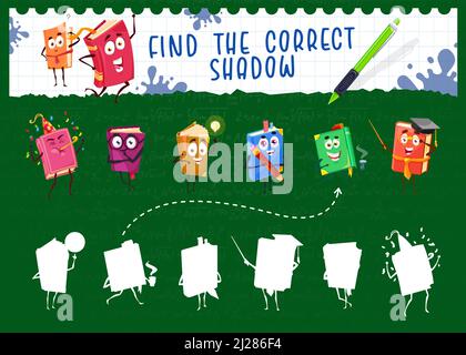Finden Sie das richtige Schattenspiel mit Bestsellerbüchern und Lehrbüchern Comic-Figuren. Schatten Vergleichen Intelligenz Puzzle, Kinder Lernspiel oder Vektor-Quiz mit der Suche nach der richtigen Form Schatten Aufgabe Stock Vektor