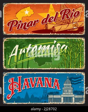 Pinar del Rio, Artemisa, Havanna kubanische Regionen. Vector Reiseteller und Aufkleber mit Karten und Flaggen der kubanischen Provinzen, Zigarren, Tabakblätter, Kathedrale von Havanna und Kapitolgebäude, Zuckerrohr, Palmen Stock Vektor