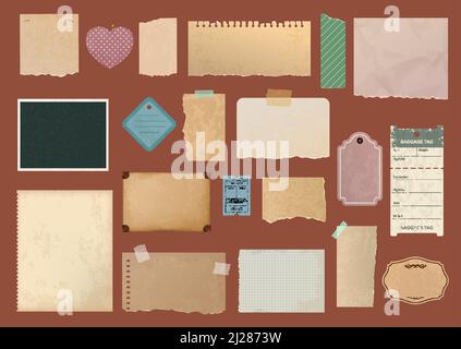 Scrapbook Vintage zerrissenes Papier, Vektor-Etiketten, Notizen und Aufkleber, Tags und Tickets. Reste von Retro-Memo, alte Notizbuchseiten, grunge Pappkarten und zerrissene Notizblätter mit Klebebändern, Stiften Stock Vektor