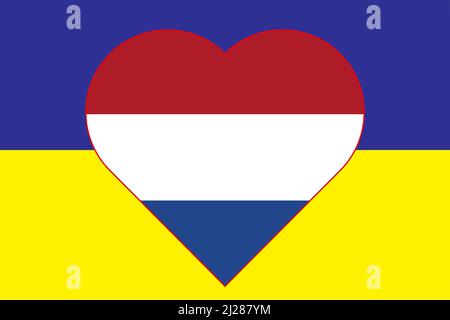 Herz in den Farben der Flagge der Niederlande auf der Flagge der Ukraine gemalt. Abbildung eines Herzens mit dem nationalen Symbol der Niederlande auf einem BL Stock Vektor