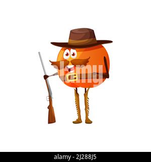 Cartoon Pfirsich Ranger Charakter des alten amerikanischen Western oder Wild West Cowboy. Vector Fruit Food-Persönlichkeit von Texas Sheriff oder Cowboy-Polizist mit lustigen Schnurrbart, Pistole, Lederhut und Fransen Schuhe Stock Vektor