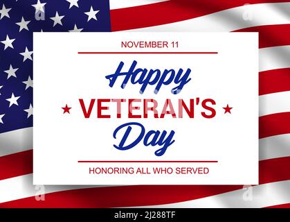Happy Veteran Day Banner, Weihnachtskarte Vorlage. Militärdienst, Soldaten der US-Armee und Kriegskonfliktveteranen zu Ehren des Weihnachtsposters mit Typografie, Nationalflaggensternen und Streifenvektoren Stock Vektor