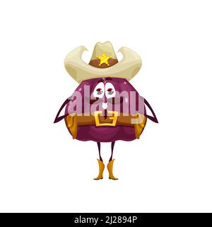 Cartoon Feige Sheriff Charakter, Vektor Frucht Wild West Cowboy Polizist. Lustige Fruit Food Emoji von Fig Western Polizist-Persönlichkeit mit Cowboy-Hut, Sheriff-Sterneabzeichen, Lederschuhen und Gürtel Stock Vektor
