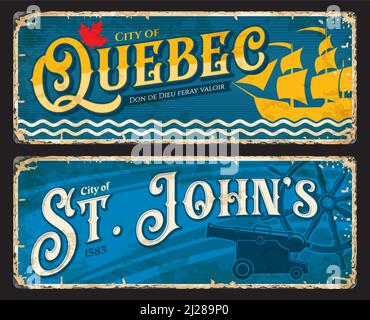 Quebec und St. Johns canadian Cities Platten und Reise-Aufkleber, Vektor-Zinn-Schilder mit Wahrzeichen. Kanada und Nordamerika Tourismus Gepäckanhänger oder Willkommensschilder mit Provinzen oder Regionen Embleme Stock Vektor