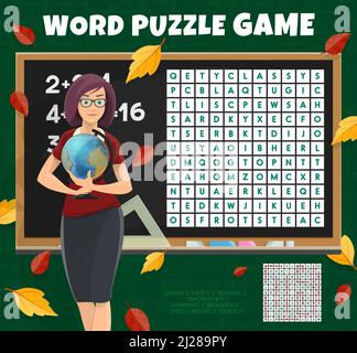 Schullehrer mit Globus auf Wortsuche Puzzle Quiz Spiel Arbeitsblatt. Kinder Quiz-Gitter, pädagogische Vektor-Puzzle oder Text Rätsel Kindergarten Kinder Intelligenztest mit Worten in Buchstaben finden Aufgabe Stock Vektor