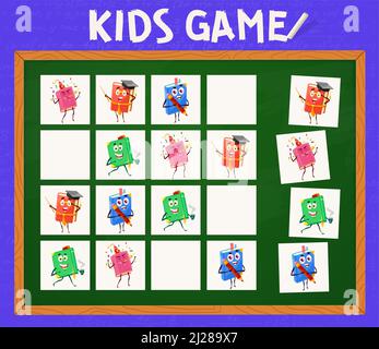 Sudoku Kinder Spiel Arbeitsblatt mit Bestsellerbüchern und Lehrbüchern, Cartoon-Vektor-Charaktere. Kinder Sudoku Logik Puzzle oder Brainteaser Rätsel zu Schulliteratur Bücher, Tabletop Brettspiel passen Stock Vektor