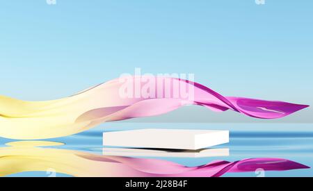 Podium Sockel für kosmetische Produkte Display. Glasband im Wind auf dem Wasser. Abstrakte Tapete für Banner. 3D Rendern. Stockfoto