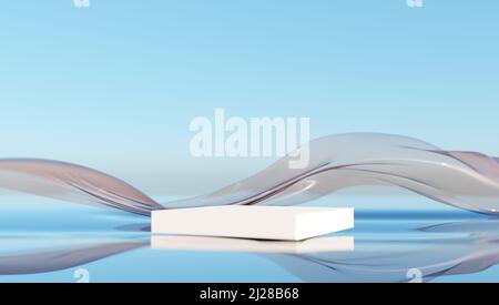 Podium Sockel für kosmetische Produkte Display. Glasband im Wind auf dem Wasser. Abstrakte Tapete für Banner. 3D Rendern. Stockfoto