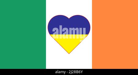 Ein Herz, das in den Farben der Flagge der Ukraine auf der Flagge Irlands gemalt ist. Darstellung eines blauen und gelben Herzens auf dem nationalen Symbol. Stock Vektor