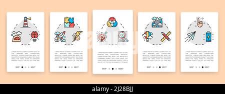 Eine Reihe von Bildschirmen für kreative mobile Anwendungen. Innovation, Startup, Artwork, Idee vertikale Banner mit farbigen Linien-Icons. Webbanner-Vorlage für das Website-Menü. Stock Vektor