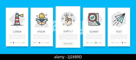 Satz von vertikalen kreativen Banner. Innovation, Startup, Artwork, Projekt, Idee mobile App Bildschirme mit Farbsymbolen. Stock Vektor