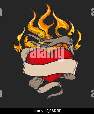 Flaming Heart Emblem und Banner für Ihre Beschreibung isoliert auf schwarzem Hintergrund. Vektorgrafik. Stock Vektor