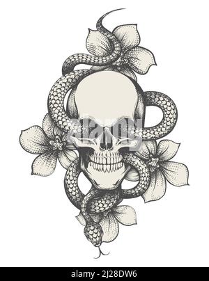 Tattoo von menschlichen Schädel mit Schlange und Blumen isoliert auf weiß. Vektorgrafik. Stock Vektor
