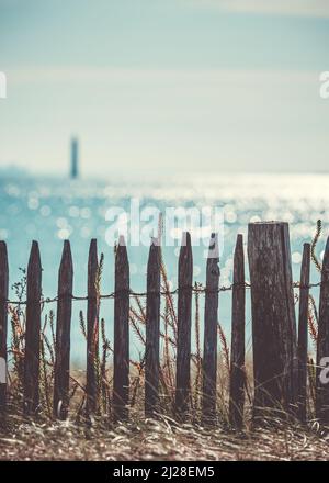 Ein alter Holzzaun am Meer mit dem Leuchtturm Chauveau im Hintergrund. Es ist kalt und der Himmel ist blau. Rivedoux, Re Island, Frankreich Stockfoto