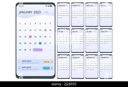 Smartphone 2023 Kalender App. Planner Application Template für Smartphone Stock Vektor