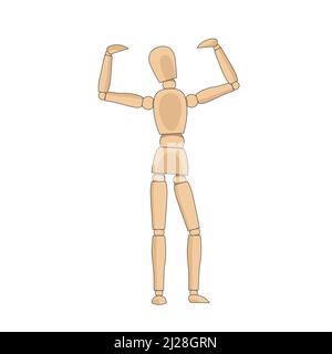 Holzmännchen-Modell, menschl. Darstellungsobjekt zum Zeichnen der Anatomie des menschlichen Körpers starke Pose, zeigt Kraft und Stärke. Schaufensterpuppe Steuerung Dummy Figur Vektor einfach Stock Vektor