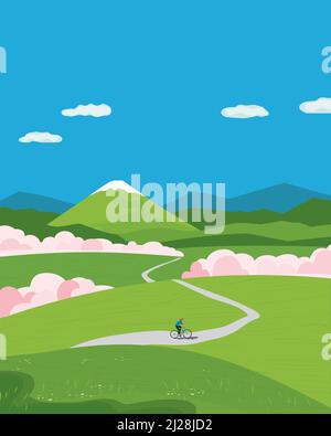 Bergtal mit blühender Sakura-Landschaft. Blühende Kirschsaison im Freien Vektorposter. Frühling Landschaft Hintergrund. Sakura blüht Stock Vektor