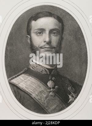 Alfonso XII (Madrid, 1857-Madrid, 1885). König von Spanien (1874-1885). Hochformat. Stich von Bartolomé Maura. Historia General de España, von Modesto Lafuente. Band VI. Veröffentlicht in Barcelona, 1882. Autor: Bartolomé Maura (1844-1926). Spanischer Maler und Kupferstecher. Stockfoto
