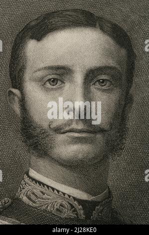 Alfonso XII (Madrid, 1857-Madrid, 1885). König von Spanien (1874-1885). Hochformat. Stich von Bartolomé Maura. Details. Historia General de España, von Modesto Lafuente. Band VI. Veröffentlicht in Barcelona, 1882. Autor: Bartolomé Maura (1844-1926). Spanischer Maler und Kupferstecher. Stockfoto