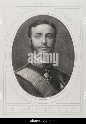 Alfonso XII (Madrid, 1857-Madrid, 1885). König von Spanien (1874-1885). Hochformat. Stich von Bartolomé Maura. Historia General de España, von Modesto Lafuente. Band VI. Veröffentlicht in Barcelona, 1882. Autor: Bartolomé Maura (1844-1926). Spanischer Maler und Kupferstecher. Stockfoto