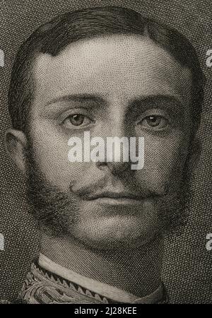 Alfonso XII (Madrid, 1857-Madrid, 1885). König von Spanien (1874-1885). Hochformat. Stich von Bartolomé Maura. Details. Historia General de España, von Modesto Lafuente. Band VI. Veröffentlicht in Barcelona, 1882. Autor: Bartolomé Maura (1844-1926). Spanischer Maler und Kupferstecher. Stockfoto