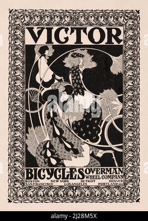 Will Bradley Kunstwerk - Victor Fahrräder (1895) American Art Nouveau - Alte und Vintage Poster / Magazin Cover in schwarz und weiß. Stockfoto