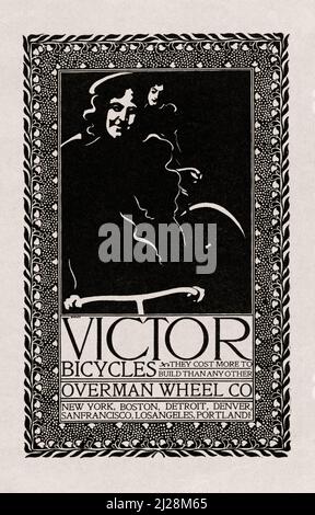 Will Bradley Kunstwerk - Victor Fahrräder, Overman Wheel Co. (1890-1920) American Art Nouveau - Alte und Vintage-Werbeplakat in schwarz und weiß. Stockfoto