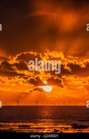 Walney Island, Cumbrian Coast. 30.. März 2022. Wetter in Großbritannien. Nach einem Tag mit Regen, grauem Himmel und einer kalten Nordbrise. Sonnenuntergang von der Cumbrian Coast, Blick über die Irische See zur entfernten Walney Offshore Windfarm. Kredit:greenburn/Alamy Live Nachrichten. Stockfoto