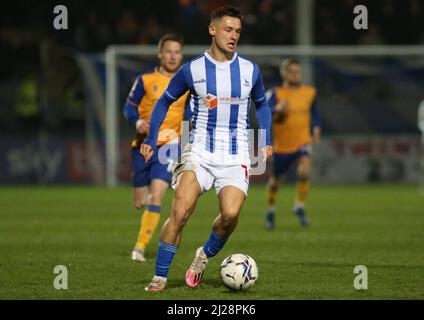 HARTLEPOOL, GROSSBRITANNIEN. MÄR 29. Luke Molyneux von Hartlepool United während des Spiels der Sky Bet League 2 zwischen Hartlepool United und Mansfield Town am Dienstag, den 29.. März 2022 im Victoria Park, Hartlepool. (Kredit: Michael Driver | MI Nachrichten) Kredit: MI Nachrichten & Sport /Alamy Live Nachrichten Stockfoto