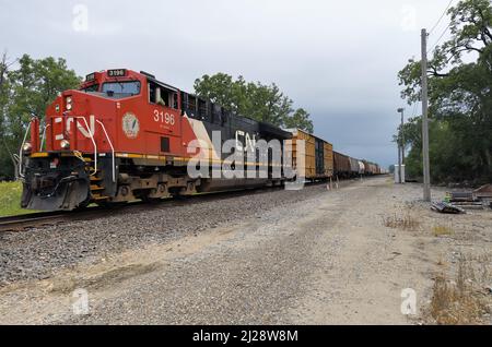 Elgin, Illinois, USA. Eine einzige Lokomotive der Canadian National Railway führt einen Güterzug durch den Nordosten von Illinois. Stockfoto