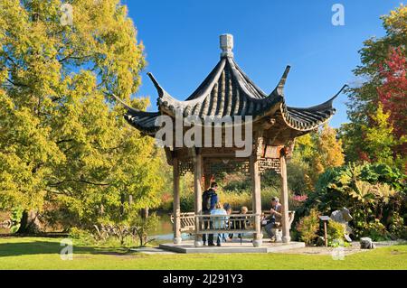 RHS Garden Wisley, Surrey, England, Großbritannien, ist eine Familie, die in einer chinesischen Pagode sitzt, umgeben von leuchtenden Herbstfarben bei Sonnenschein. RHS Wisley Gardens. Stockfoto