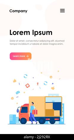 Kurier mit LKW, der Auftrag liefert. Mann, der Kasten vom Transport LKW mit anderen Paketen trägt. Vektor-Illustration für Lieferservice, Transport, lo Stock Vektor