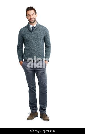 Stil, der den erfolgreichen Unternehmer anspricht. Studioportrait eines glücklichen Geschäftsmannes, der vor weißem Hintergrund posiert. Stockfoto