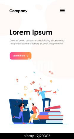 Vektorgrafik „Bürochaos“. Wütender Chef, der das Megaphon anruft, beschäftigte Mitarbeiter, die in Eile sind und in Panik geraten. Kann bei Zeitmangel, Terminabgabeterminen, Stock Vektor