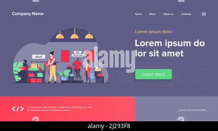 Weibliche Kunden einkaufen im Bekleidungsgeschäft. Frauen wählen Kleidungsstücke, Mode-Accessoires zum Verkauf in der Boutique. Vektorgrafik für Einzelhandelsgeschäft, märz Stock Vektor