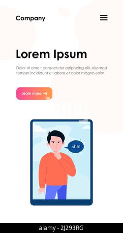 Shh Mann auf Tablet-Computer-Bildschirm. Finger, Stille, Sprechblase flache Vektordarstellung. Kommunikations- und Nachrichtenkonzept für Banner, Website desi Stock Vektor