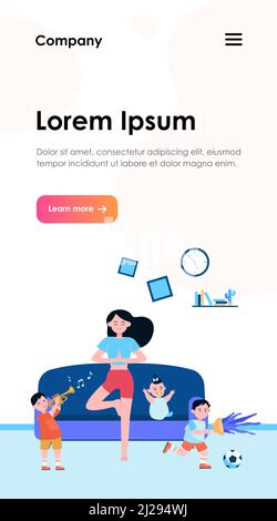 Ruhige Mutter macht Yoga unter frechen Kindern. Kinder machen Chaos, während Mama zu Hause meditiert. Vektor-Illustration für Mutterschaft, Kindheit, Stress r Stock Vektor