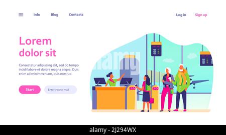 Gruppe von Passagieren, die in der Schlange stehen, um Vektordarstellung zu finden. Abflughalle und Flugverkehr Konzept. Reisende warten in der Schlange f Stock Vektor