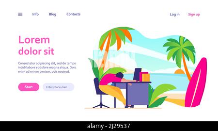 Müder Büroangestellter schläft am Arbeitsplatz und träumt vom Meeresstrand mit Surfbrett. Vektor-Illustration für Burnout, Urlaub, Reise, Urlaub con Stock Vektor