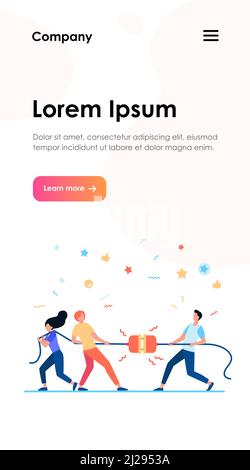 Gruppen von Menschen ziehen Seil in Tauziehen spielen. Kämpfende Teams, die miteinander konkurrieren. Vektor-Illustration für Spiel, Wettbewerb, Wettbewerb, confr Stock Vektor