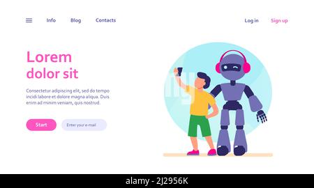 Junge, die Selfie mit humanoiden. Kind mit Cyborg, Kind mit Roboter flache Vektor-Illustration. Robotik, Engineering, Kinderkonzept für Banner, Webs Stock Vektor