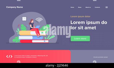 Online-Kurse und Studentenkonzept. Frau sitzt auf Stapel von Buch und mit Laptop für das Studium im Internet. Flache Vektordarstellung für Abstand le Stock Vektor