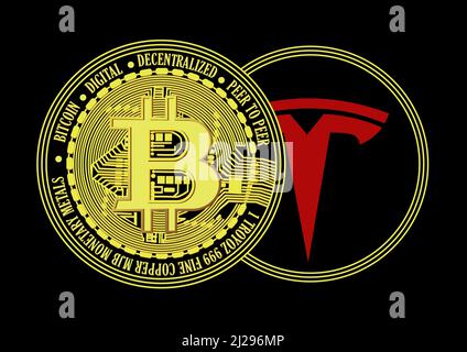 Tesla Münze und Bitcoin Illustration Stockfoto