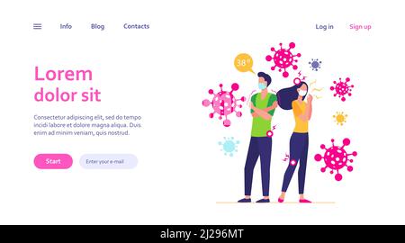 Infizierte Menschen mit Gesichtsmasken leiden unter Angst und Coronavirus-Symptome. Mann und Frau fühlen Fieber, Kopf- und Gelenkschmerzen. Kann für verwendet werden Stock Vektor