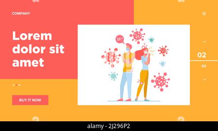 Infizierte Menschen mit Gesichtsmasken leiden unter Angst und Coronavirus-Symptome. Mann und Frau fühlen Fieber, Kopf- und Gelenkschmerzen. Kann für verwendet werden Stock Vektor