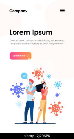 Infizierte Menschen mit Gesichtsmasken leiden unter Angst und Coronavirus-Symptome. Mann und Frau fühlen Fieber, Kopf- und Gelenkschmerzen. Kann für verwendet werden Stock Vektor